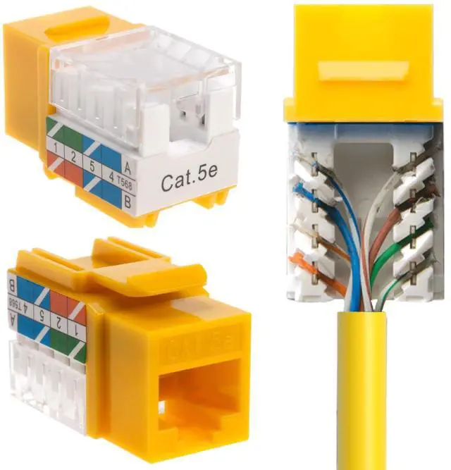 Main image of SATMAXIMUM Cat5e Keystone Ethernet Wall Jack Punch Down UTP 45-Degree (Easier Termination Than 90-Degree), RJ45 Slim Profile Speed Termination Yellow 45deg Angled (20 Pack)