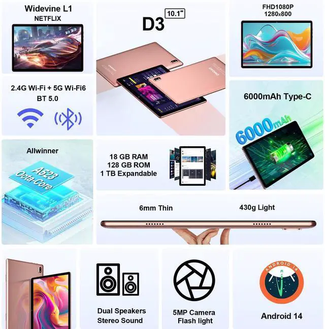Alt view image 2 of 5 - DMOAO 2025 Tablet Android 14 Tablets with 128GB ROM+18GB RAM, 1TB Expand 2 in 1 10.1 Inch Tablet with Keyboard, Powerful Octa-Core, WiFi 6, BT5.0, 6000mAh, Widevine L1, Gold