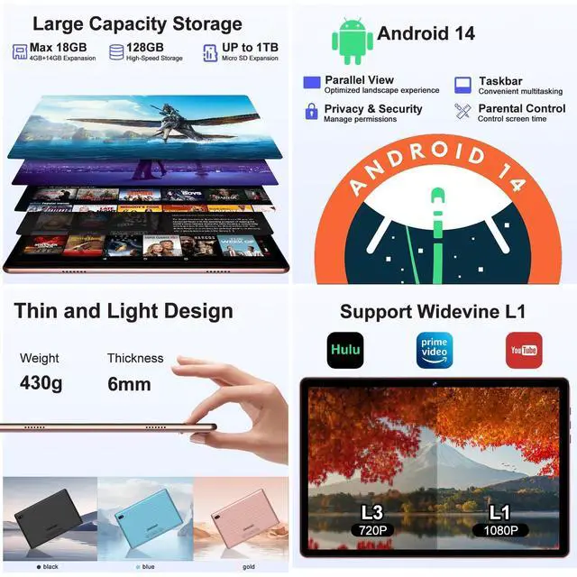 Alt view image 5 of 5 - DMOAO 2025 Tablet Android 14 Tablets with 128GB ROM+18GB RAM, 1TB Expand 2 in 1 10.1 Inch Tablet with Keyboard, Powerful Octa-Core, WiFi 6, BT5.0, 6000mAh, Widevine L1, Gold