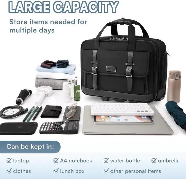 Alt view image 3 of 5 - Rolling Laptop Bag, Briefcase for Men and Women, 17 Inch Computer Bag with Wheels Underseat Carry on Luggage, Laptop Briefcase Case for Work, Travel, College Teacher, Mobile Office Bag, Black