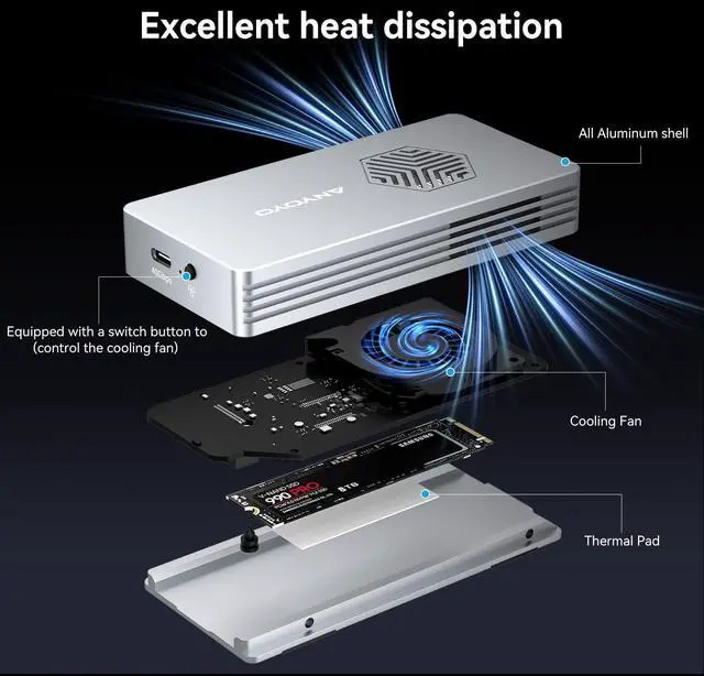 Alt view image 2 of 5 - ANYOYO 40Gbps M.2 NVMe SSD Enclosure with Cooling Fan for M1 M2 Pro/Max,M.2 NVMe Enclosure Compatible with Thunderbolt 3/4/5/USB4/3.2/3.1 Support M/B+M Key Size 2230/2242/2260/2280 up to 2700 MB/s