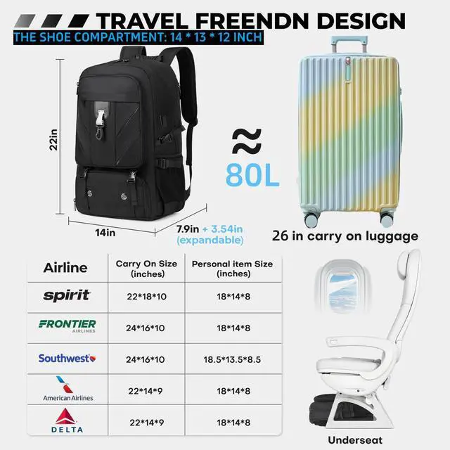 Alt view image 3 of 5 - 18.4 Inch Large Travel Backpack with Shoe Compartment,80L Water Resistant Anti Theft Backpacks with USB Charging Port,Carry on Flight Approved Laptop Bag Multiple Backpack (Fits above 5.91 ft height)