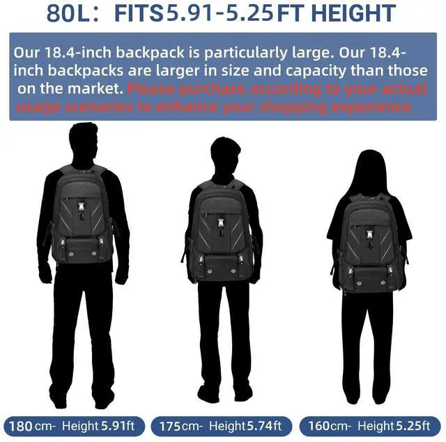 Alt view image 2 of 5 - 18.4 Inch Large Travel Backpack with Shoe Compartment,80L Water Resistant Anti Theft Backpacks with USB Charging Port,Carry on Flight Approved Laptop Bag Multiple Backpack (Fits above 5.91 ft height)