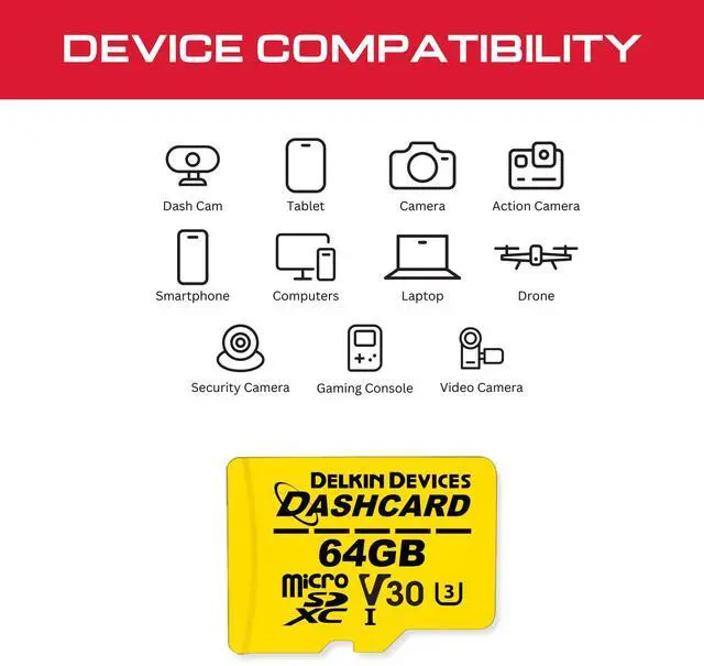 Alt view image 3 of 5 - Delkin 64GB microSD Card UHS-I U3/V30 with Adapter  DASHCARD | High-Endurance Memory Card for Dash Cams, Security Cameras, GoPro & More | Up to 140,000 Hours of Use | Fast & Reliable Performance