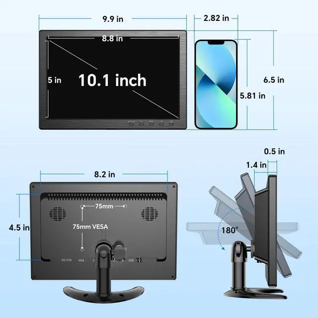 Alt view image 5 of 5 - Eyoyo 10.1 inch Security Monitor 1366x768 Resolution, Small HDMI Monitor Supporting HDMI VGA AV BNC USB Input, Small Screen with Built-in Speakers for PC CCTV Camera NVR