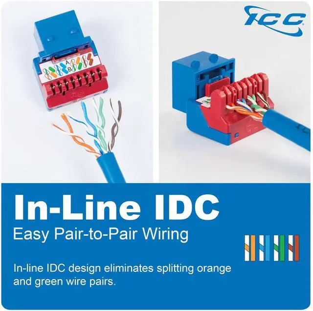 Alt view image 3 of 5 - ICC CAT6 Keystone Jack with Inline IDC No Pair Split Wiring (Easier Termination) UL Listed PoE++ TAA Compliant for Wall Plate or Patch Panel, Works with JackEasy Termination Tool, Blue, 25 Pack