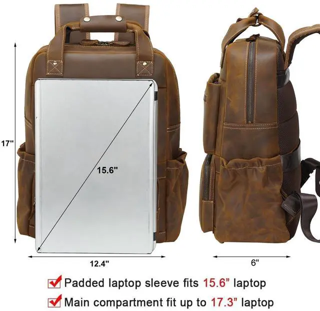 Alt view image 5 of 5 - TIDING Men's Vintage Genuine Leather Backpack 17 Inch Laptop Computer Bag Business Travel Rucksack Brown