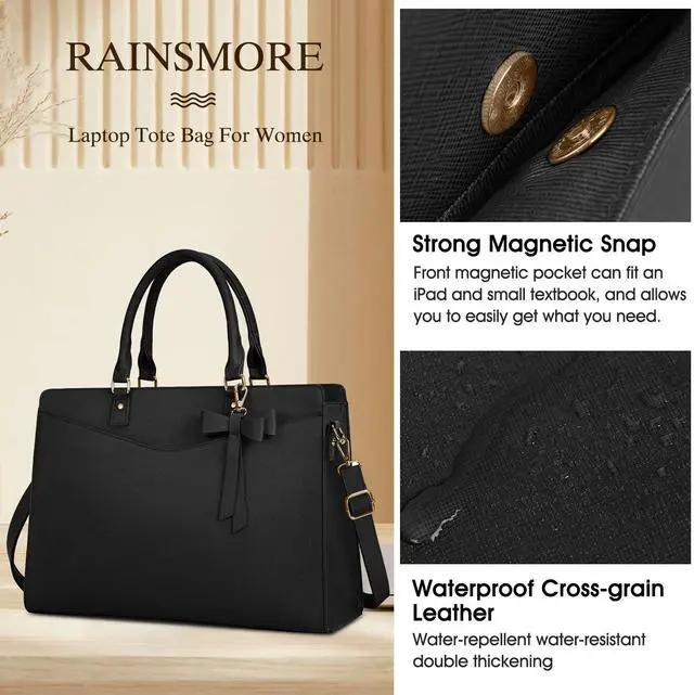 Alt view image 3 of 5 - RAINSMORE Laptop Bag for Women 15.6 Inch PU Tote Bag Business Office Work Bag Waterproof Briefcase Computer Tote Lightweight Handbag Shoulder, Black