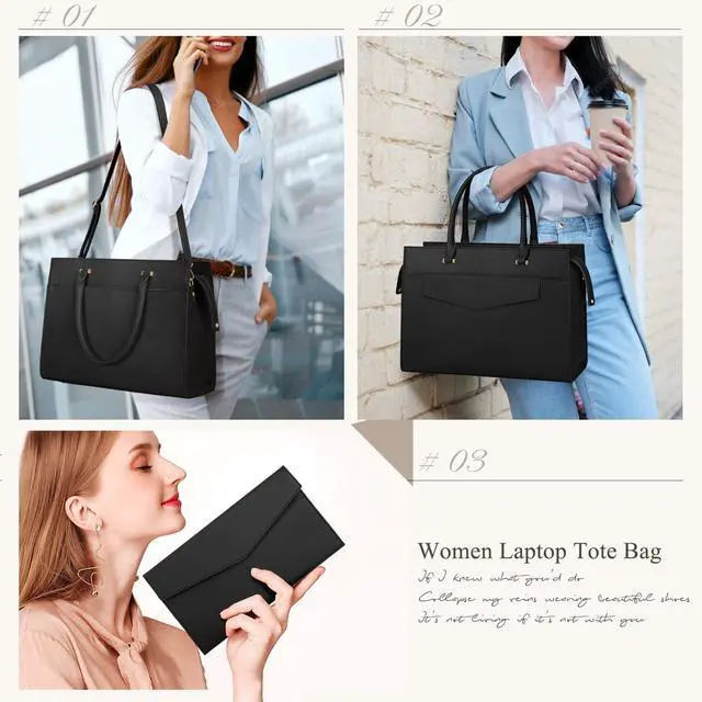 Alt view image 3 of 5 - Laptop Bag for Women 15.6 inch Leather Tote Bag 2pcs Set Professional Work Bag with Clutch Purse Large Office Computer Tote Teacher Purse Shoulder Bag, Black