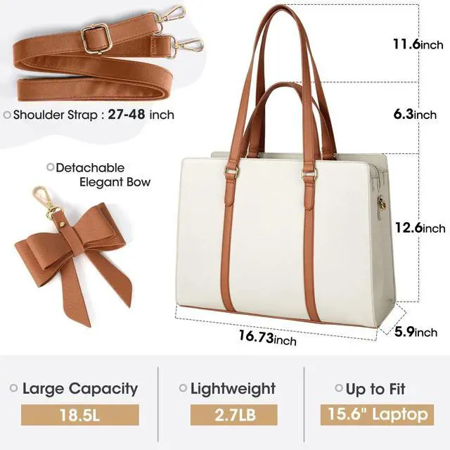 Alt view image 3 of 5 - Laptop Bag for Women 15.6 inch Laptop Tote Bag Waterproof Leather Computer Bag Large Lightweight Briefcase Professional Business Office Work Bag, Beige Brown