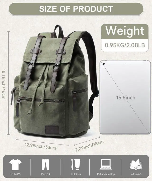 Alt view image 2 of 5 - MOYYI Vintage Canvas Backpack for Men Olive Green Rucksack Fit 15.6 inch Laptop Large Retro Flap Daypack for Casual Hiking Travel Commute