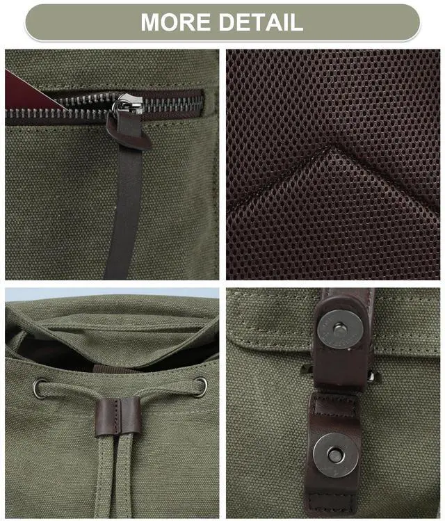 Alt view image 4 of 5 - MOYYI Vintage Canvas Backpack for Men Olive Green Rucksack Fit 15.6 inch Laptop Large Retro Flap Daypack for Casual Hiking Travel Commute