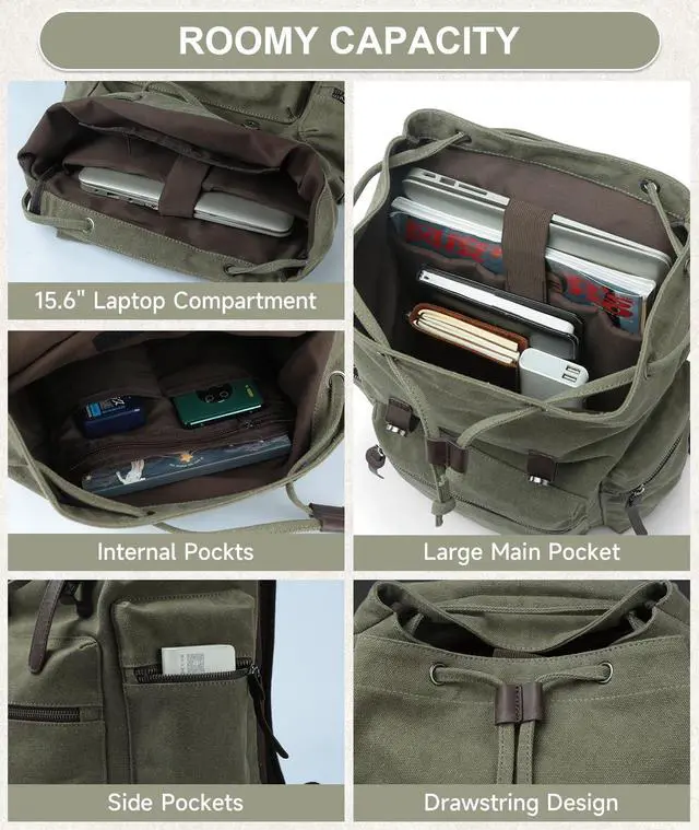 Alt view image 3 of 5 - MOYYI Vintage Canvas Backpack for Men Olive Green Rucksack Fit 15.6 inch Laptop Large Retro Flap Daypack for Casual Hiking Travel Commute