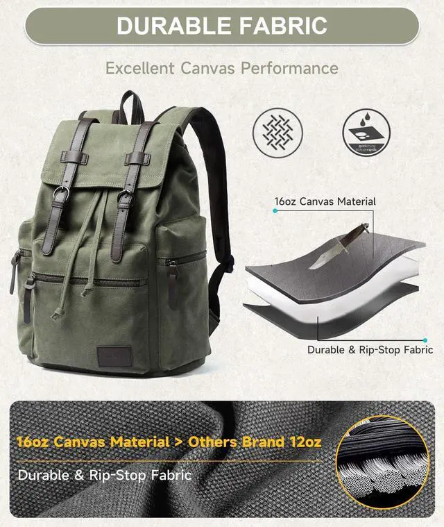 Alt view image 5 of 5 - MOYYI Vintage Canvas Backpack for Men Olive Green Rucksack Fit 15.6 inch Laptop Large Retro Flap Daypack for Casual Hiking Travel Commute