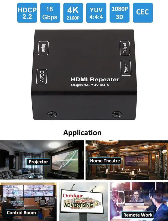 Alt view image 2 of 5 - DTECH HDMI Signal Amplifier Booster Repeater 4K 60Hz YUV 444 18Gbps 1080P HDCP 2.2 CEC 3D 4K2K Extender Boost up to 164 Feet Compatible with VR TV Box Blu-ray Player HDTV Monitor Projector Computer