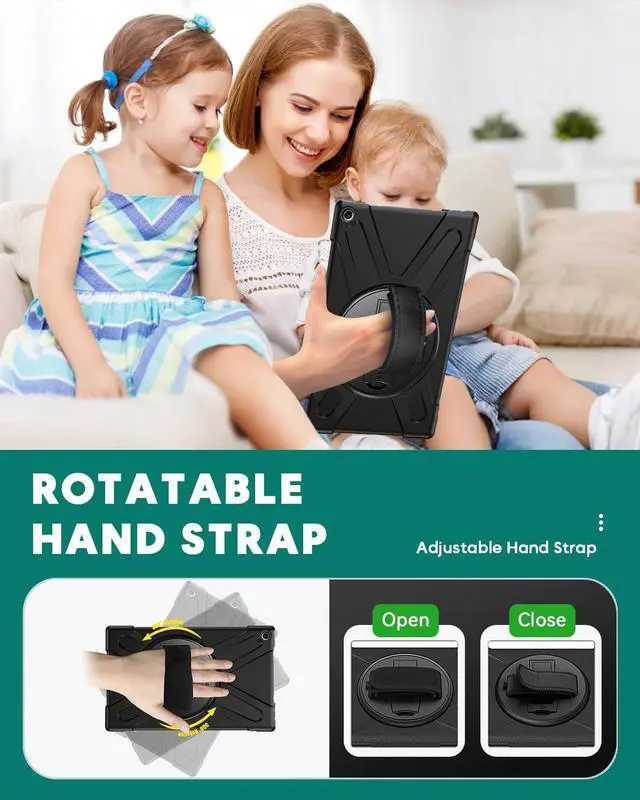 Alt view image 4 of 5 - Fire HD 10 Case 2019/2018/2017 Release, Heavy Duty Shockproof Rugged Protective High Impact Cover Case W/Stand Hand Strap Shoulder Strap for Amazon Kindle Fire HD 10 Tablet 9th 8th 7th Gen, Black