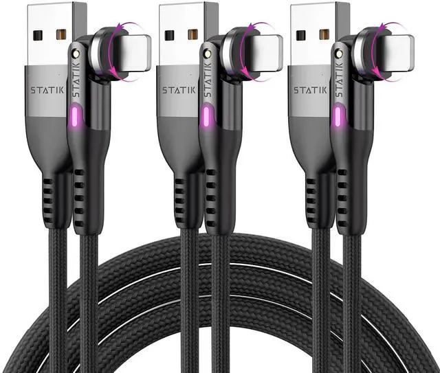 Main image of Statik 3 Pack 3FT/1M 360 Degree Rotating Right Angle USB A to iPhone Compatible Charging Cable & Data Transfer Cable for iPhone, iPad, MacBook, PC, Laptop, Smartphone, Tablet