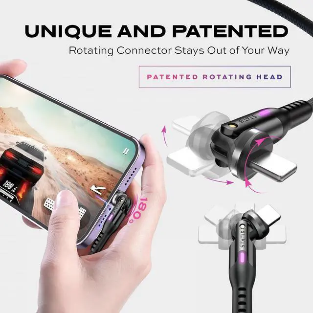 Alt view image 2 of 5 - Statik 3 Pack 3FT/1M 360 Degree Rotating Right Angle USB A to iPhone Compatible Charging Cable & Data Transfer Cable for iPhone, iPad, MacBook, PC, Laptop, Smartphone, Tablet