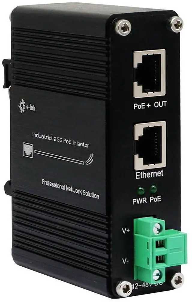 Main image of E-link Hardened Industrial 2.5G PoE+ Injector, 12~48V Input PoE+ Adapter, IEEE802.3af/at 30W Output up to 328ft, Din-Rail and Wall-Mount Installation