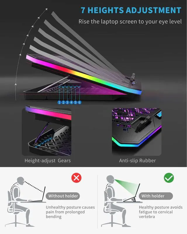 Alt view image 4 of 5 - Laptop Cooling Pad, KeiBn RGB Laptop Cooler for 15.6-17.3 Inch Laptops, with 10 Modes Lights | 6 Fans | 7 Height Stands | 2 USB Ports | Desk or Lap Use (A8/Purple)