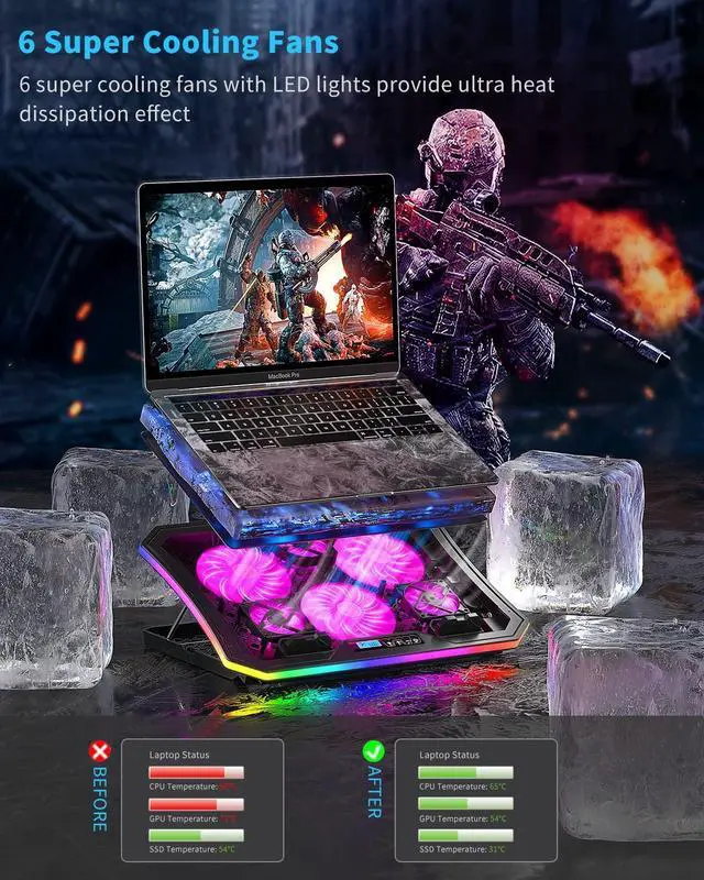 Alt view image 2 of 5 - Laptop Cooling Pad, KeiBn RGB Laptop Cooler for 15.6-17.3 Inch Laptops, with 10 Modes Lights | 6 Fans | 7 Height Stands | 2 USB Ports | Desk or Lap Use (A8/Purple)