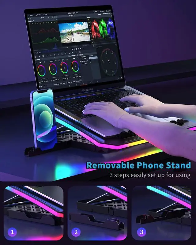Alt view image 5 of 5 - Laptop Cooling Pad, KeiBn RGB Laptop Cooler for 15.6-17.3 Inch Laptops, with 10 Modes Lights | 6 Fans | 7 Height Stands | 2 USB Ports | Desk or Lap Use (A8/Purple)