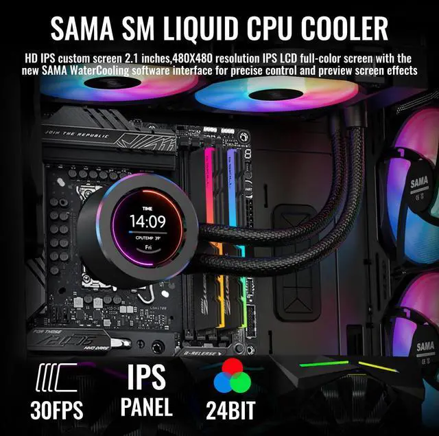 Alt view image 2 of 5 - SAMA SM360 Black Adjustable Liquid Cooler LCD Display Screen with 3x120mm Addressable ARGB PWM Silent Fan 360mm AIO Radiator