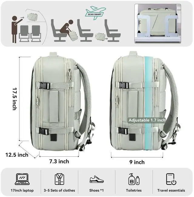 Alt view image 3 of 5 - Carry on Travel Backpack for Men Women, Extra Large 40L Flight Approved Expandable Suitcase With USB/Type-C Charging Port, Victoriatourist Water Resistant Luggage Daypack Business Weekender Bag, Green