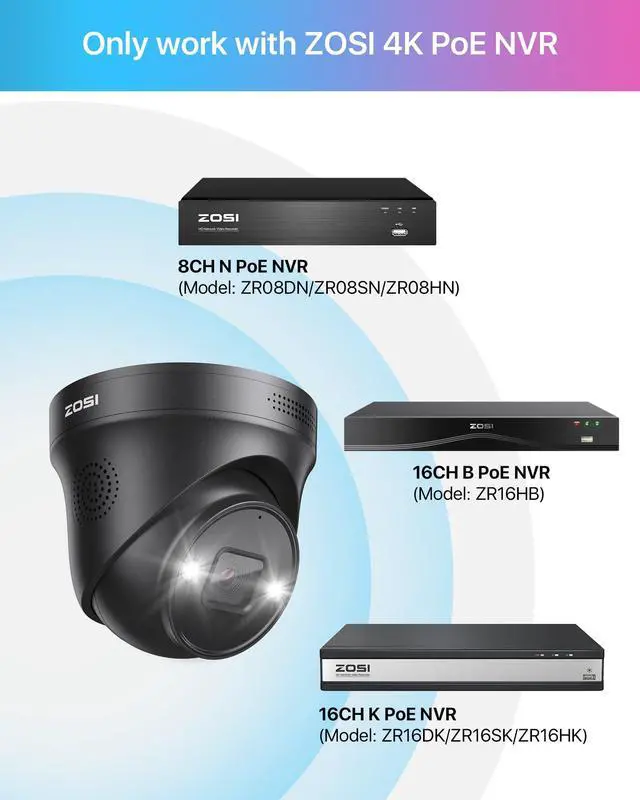 Alt view image 2 of 5 - ZOSI 4PK 4K PoE Add On Cameras with Ethernet Cables,8MP Dome Security IP Camera Outdoor Indoor,Person Vehicle Detection,Night Vision,Sound & Light Alarm,2-Way Audio,Only Work ZOSI 4K PoE NVR
