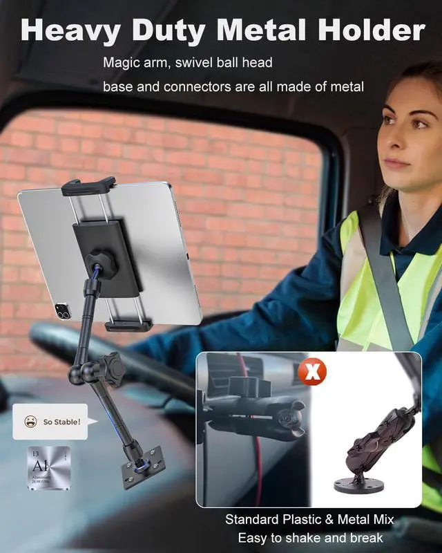 Alt view image 3 of 5 - Kolasels Industrial Tablet Holder for Car/Truck/Vehicle [Metal Magic Arm] Heavy Duty Drill Base Tablet Car Mount for Dashboard/Boats/Wall/Desk, for 4-13" iPad Pro/Air/Mini/Galaxy Tab, Cell Phone
