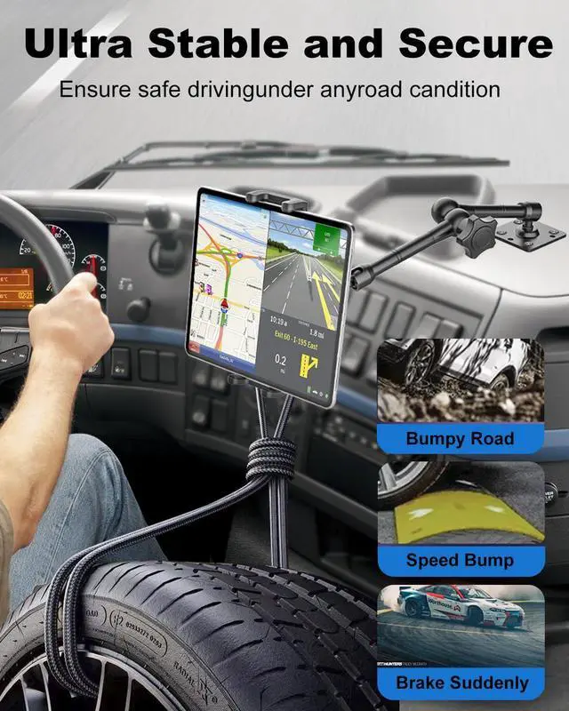 Alt view image 2 of 5 - Kolasels Industrial Tablet Holder for Car/Truck/Vehicle [Metal Magic Arm] Heavy Duty Drill Base Tablet Car Mount for Dashboard/Boats/Wall/Desk, for 4-13" iPad Pro/Air/Mini/Galaxy Tab, Cell Phone