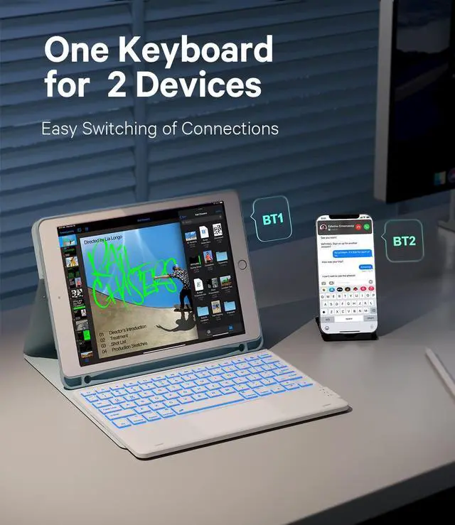 Alt view image 4 of 5 - GreenLaw Keyboard case for iPad 9.7 inch, iPad 6th Gen (2018), iPad 5th Gen (2017), iPad Air 2 (2014), 7 Color Backlit, Support 2 BT Devices, Touchpad Keyboard iPad Pro 9.7, Blue