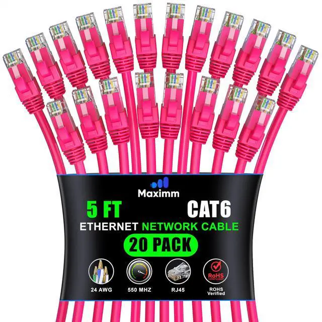 Main image of Maximm Cat 6 Ethernet Cable 5 ft (20-Pack) - High-Speed LAN Cable, Internet Cable, Patch Cable, and Network Cable - UTP, 10Gbps, 550MHz Ethernet Cord - Pink