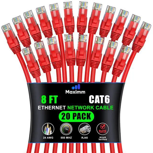Main image of Maximm Cat 6 Ethernet Cable 8 ft (20-Pack) - High-Speed LAN Cable, Internet Cable, Patch Cable, and Network Cable - UTP, 10Gbps, 550MHz Ethernet Cord - Red