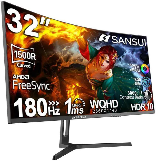 Main image of SANSUI 32-Inch Curved Gaming Monitor WQHD 2560 x 1440 180Hz Curved 1500R -1ms(OD), HDR, 300nits, sRGB 125%, DCI-P3 95%, FreeSync, HDMI x2, DP1.2x2(ES-G32C3 DP Cable Included)
