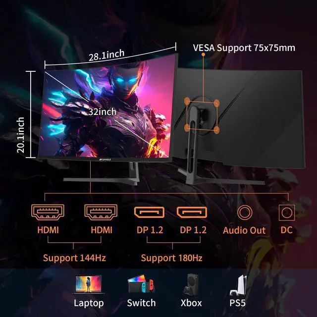 Alt view image 4 of 5 - SANSUI 32-Inch Curved Gaming Monitor WQHD 2560 x 1440 180Hz Curved 1500R -1ms(OD), HDR, 300nits, sRGB 125%, DCI-P3 95%, FreeSync, HDMI x2, DP1.2x2(ES-G32C3 DP Cable Included)