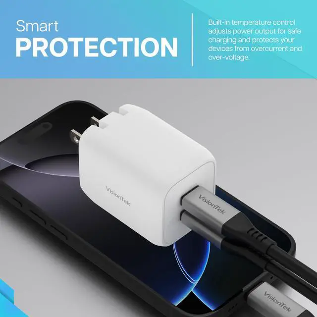 Alt view image 3 of 5 - VisionTek GaN II 65W Wall Fast Charger - Dual USBC Port - 2X USB-C - Compatible with MacBook Pro/Air, Ipad, iPhone, Galaxy, Steam Deck, Thinkpad, Dell XPS, Pixel and More - 901536