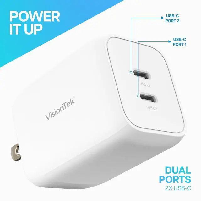 Alt view image 5 of 5 - VisionTek GaN II 65W Wall Fast Charger - Dual USBC Port - 2X USB-C - Compatible with MacBook Pro/Air, Ipad, iPhone, Galaxy, Steam Deck, Thinkpad, Dell XPS, Pixel and More - 901536