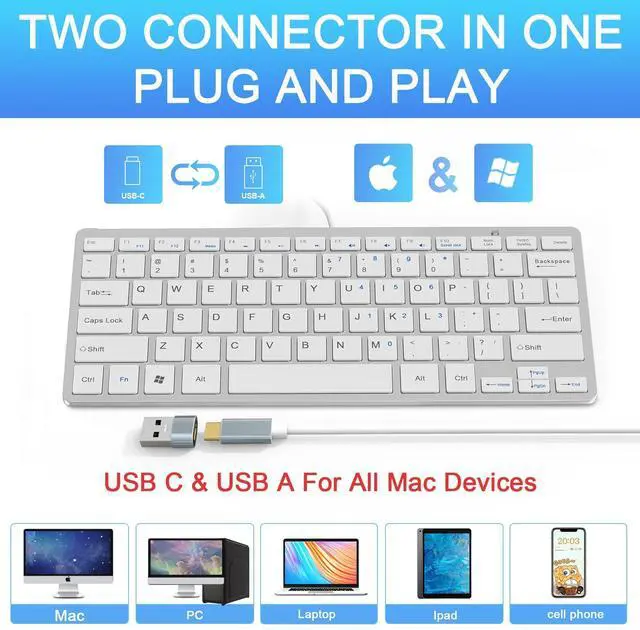 Alt view image 2 of 5 - Ultra-Slim 78keys USB-C Mini Wired Keyboard with Media Hotkeys for Apple Mac Pro, MacBook 56Pro/ iMac, Air, Mac mini, Laptop Computers, Windows Desktop PC 11/10/8/7, with USB-C to A OTG Adapter,White