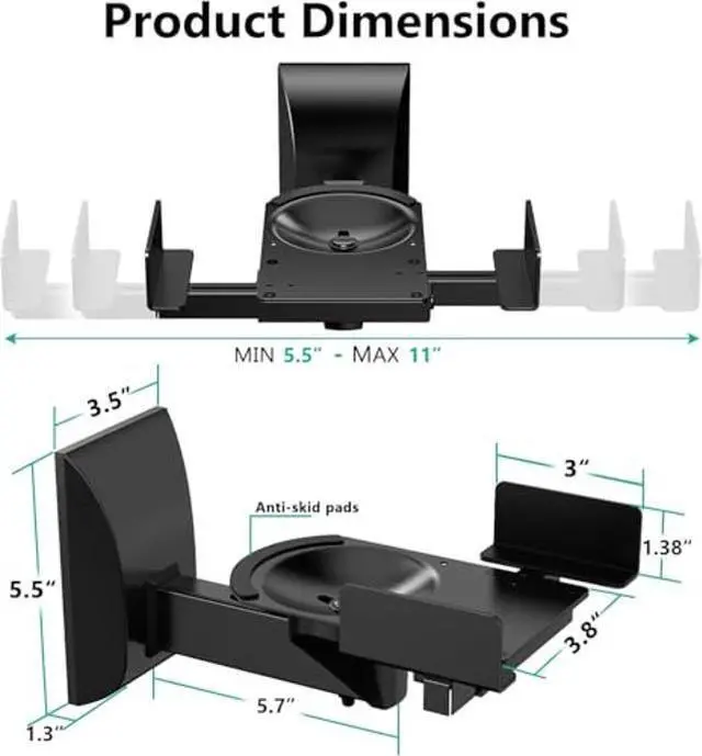 Alt view image 2 of 5 - WALI Speaker Wall Mounts, Dual Side Clamping Bookshelf Mounting Bracket for Large Surrounding Sound Speakers, Hold up to 55 lbs. (SWM201), 1 Pair, Black