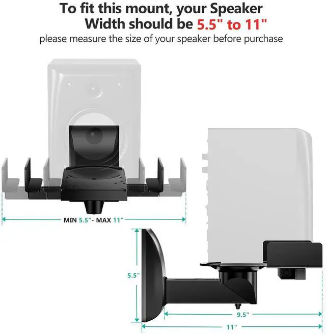 Alt view image 5 of 5 - WALI Speaker Wall Mounts, Dual Side Clamping Bookshelf Mounting Bracket for Large Surrounding Sound Speakers, Hold up to 55 lbs. (SWM201), 1 Pair, Black