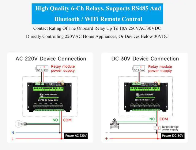 Alt view image 5 of 5 - Industrial 6-Channel ESP32-S3 WiFi Relay Module, Supports WiFi/Bluetooth/RS485 Controll, Onboard RS485 / Pico HAT Interfaces, for Expanding RTC/CAN / RS232 / LoRa/Sensor, etc.