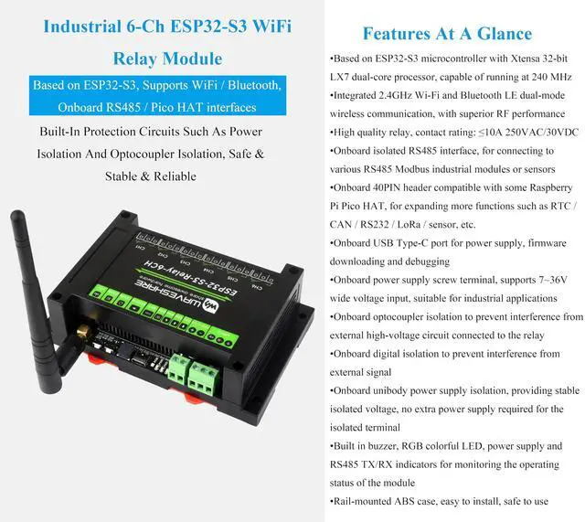 Alt view image 3 of 5 - Industrial 6-Channel ESP32-S3 WiFi Relay Module, Supports WiFi/Bluetooth/RS485 Controll, Onboard RS485 / Pico HAT Interfaces, for Expanding RTC/CAN / RS232 / LoRa/Sensor, etc.