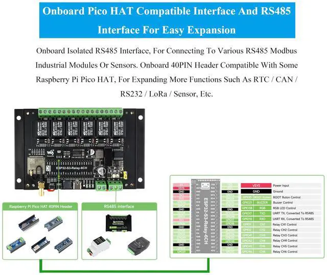 Alt view image 4 of 5 - Industrial 6-Channel ESP32-S3 WiFi Relay Module, Supports WiFi/Bluetooth/RS485 Controll, Onboard RS485 / Pico HAT Interfaces, for Expanding RTC/CAN / RS232 / LoRa/Sensor, etc.
