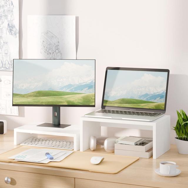 Alt view image 2 of 5 - TEAMIX Adjustable White Monitor Stand Riser - 2 Pack, Wood 2 Tier Adjustable Stand for 2 Monitors/Laptop/PC
