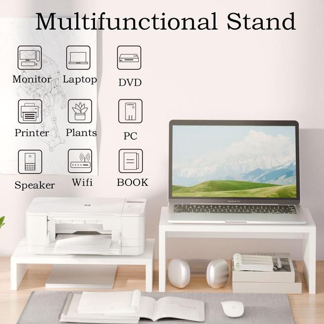 Alt view image 5 of 5 - TEAMIX Adjustable White Monitor Stand Riser - 2 Pack, Wood 2 Tier Adjustable Stand for 2 Monitors/Laptop/PC