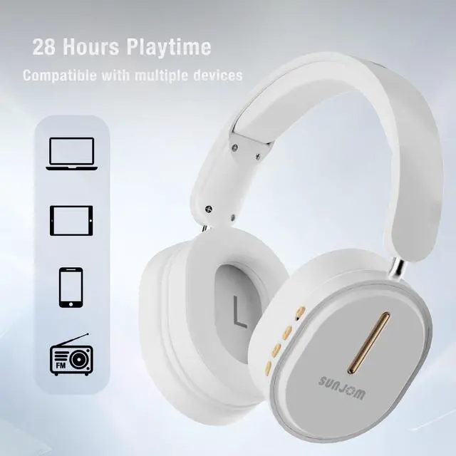 Alt view image 3 of 5 - SUNJOM Inspire 28H Playtime Wireless and Wired Stereo HiFi Foldable FM Radio Over-Ear Bluetooth Headphones with Microphone for iPhone iOS Android-White
