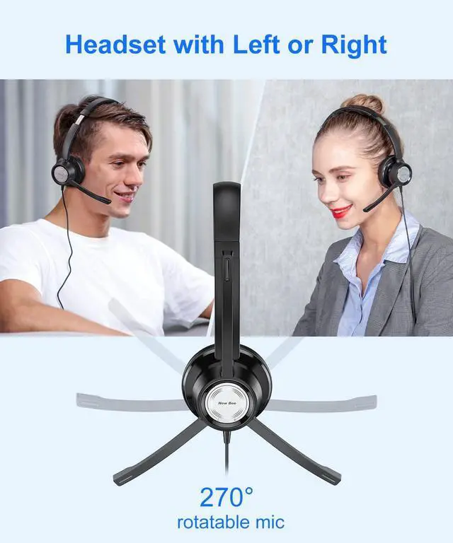 Alt view image 4 of 5 - New Bee USB Headset with Noise Cancelling Mic, Single Ear Headset for PC, Call Center, Skype, Zoom, Tablet, Laptop