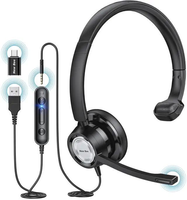 Main image of New Bee USB Headset with Noise Cancelling Mic, Single Ear Headset for PC, Call Center, Skype, Zoom, Tablet, Laptop