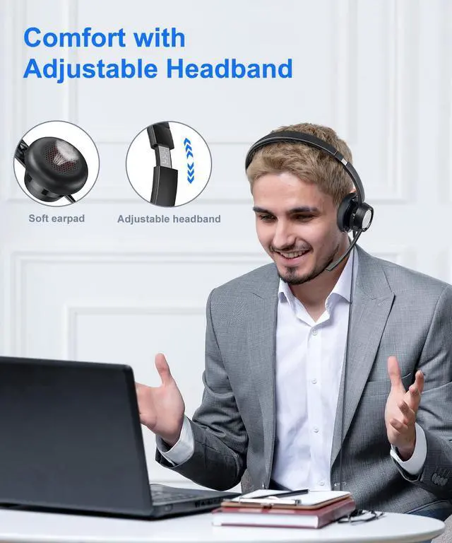 Alt view image 3 of 5 - New Bee USB Headset with Noise Cancelling Mic, Single Ear Headset for PC, Call Center, Skype, Zoom, Tablet, Laptop